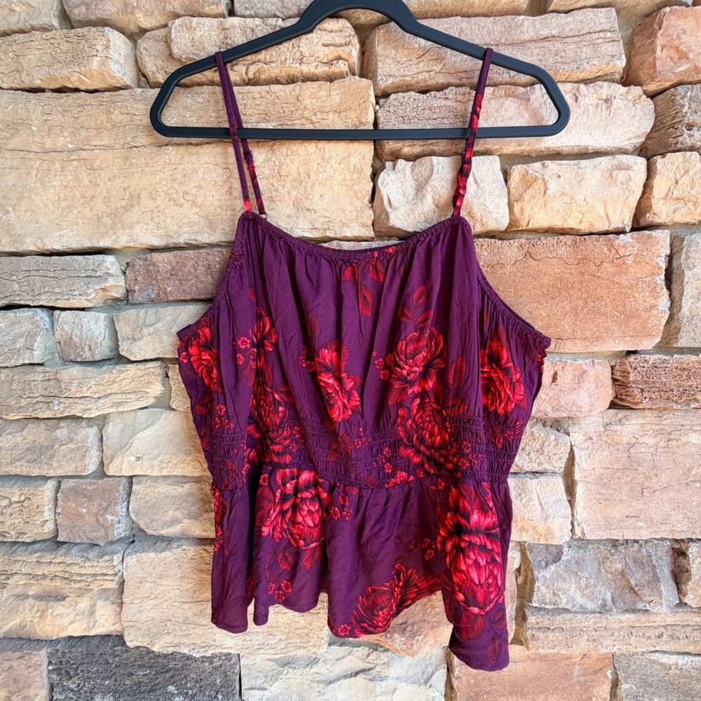 Old Navy Women XXL Red Floral Ruche Peplum Cami Top Purple Vacation Romantic